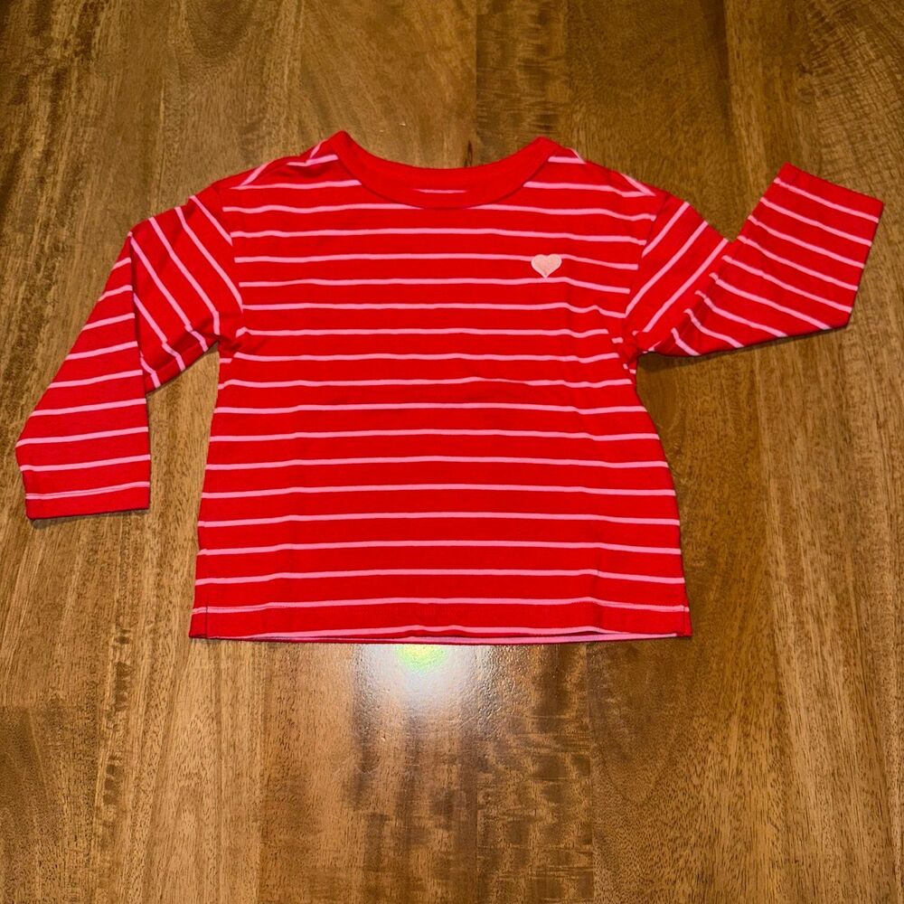 Cat & Jack Girls 3T Long-Sleeve Heart Shirt – Red & Pink Stripes